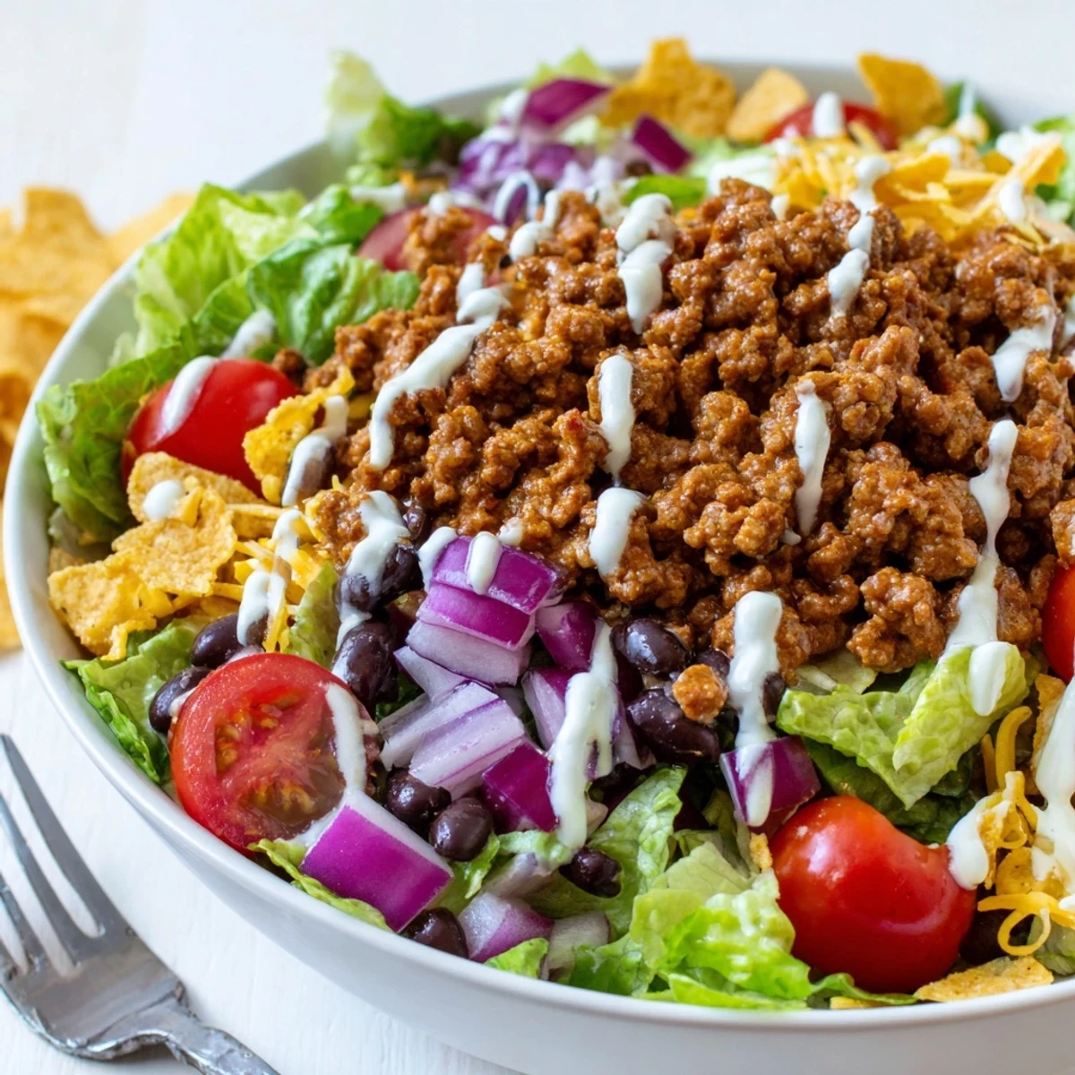 Simple Doritos Taco Salad tossed with creamy ranch, shredded cheddar, crisp lettuce