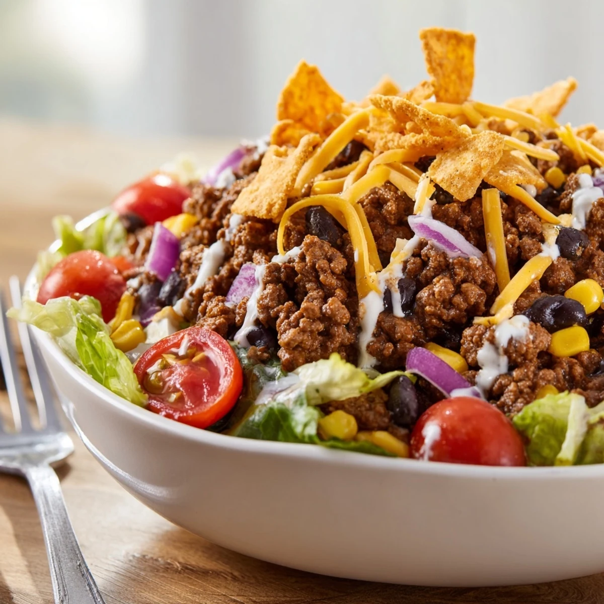 Simple Doritos Taco Salad with crunchy chips, seasoned beef, bright tomatoes