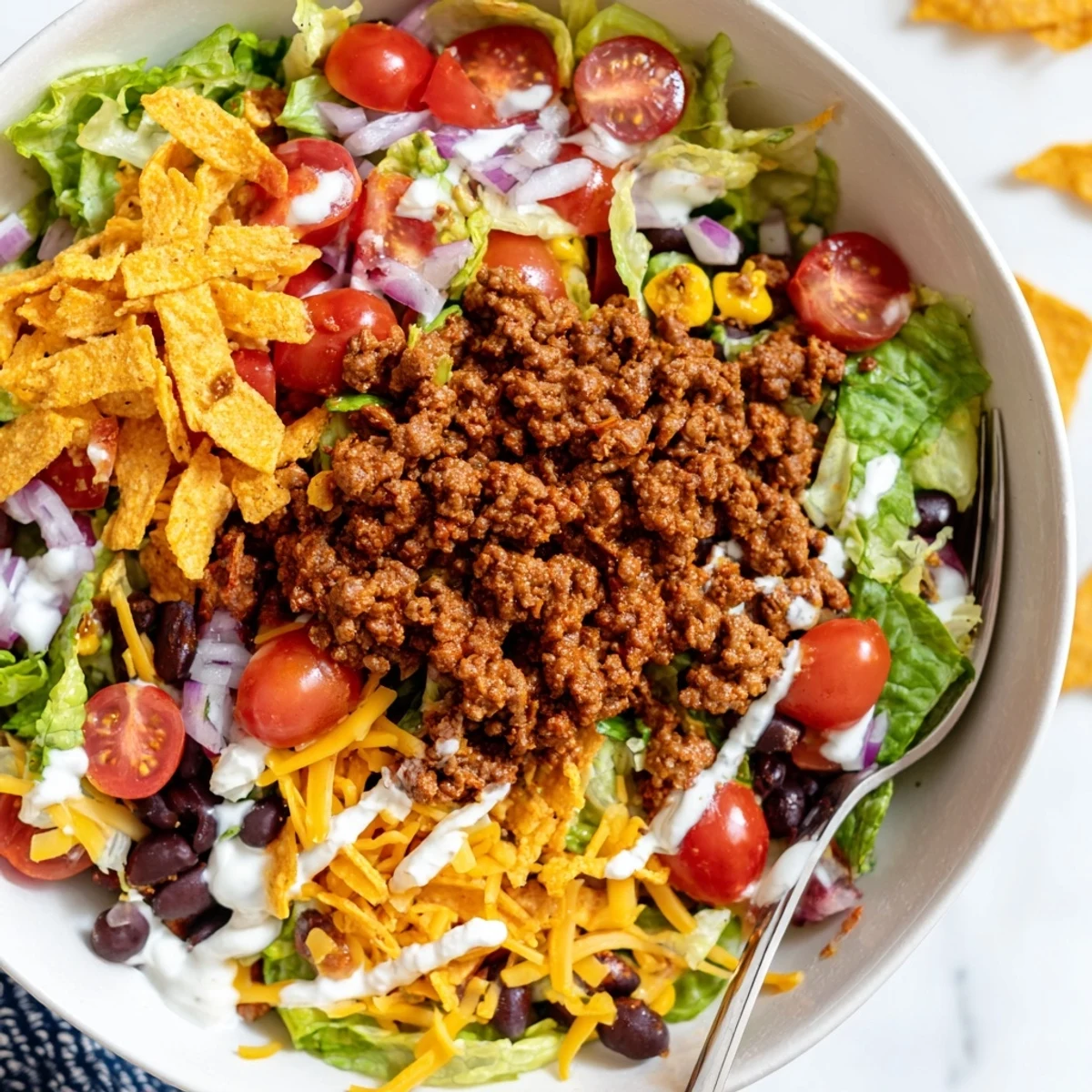 Simple Doritos Taco Salad plated for quick weeknight dinner, chips still crunchy