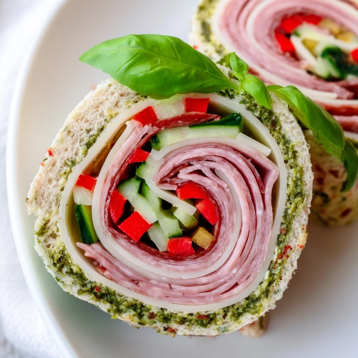 Italian Pinwheel Sandwiches piled on platter, cream cheese, salami, fresh basil.