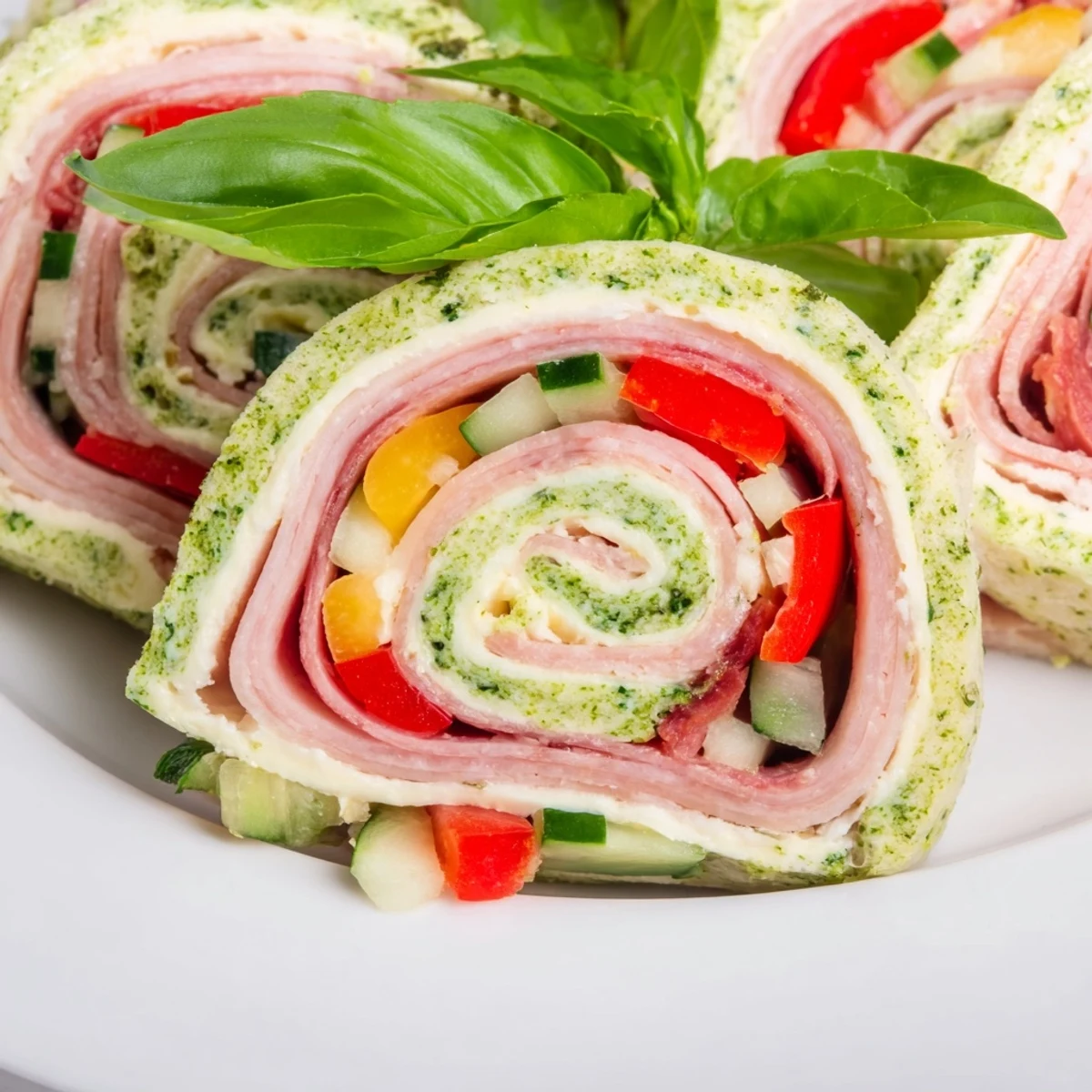 Chilled Italian Pinwheel Sandwiches sliced into spirals, colorful peppers and spinach.