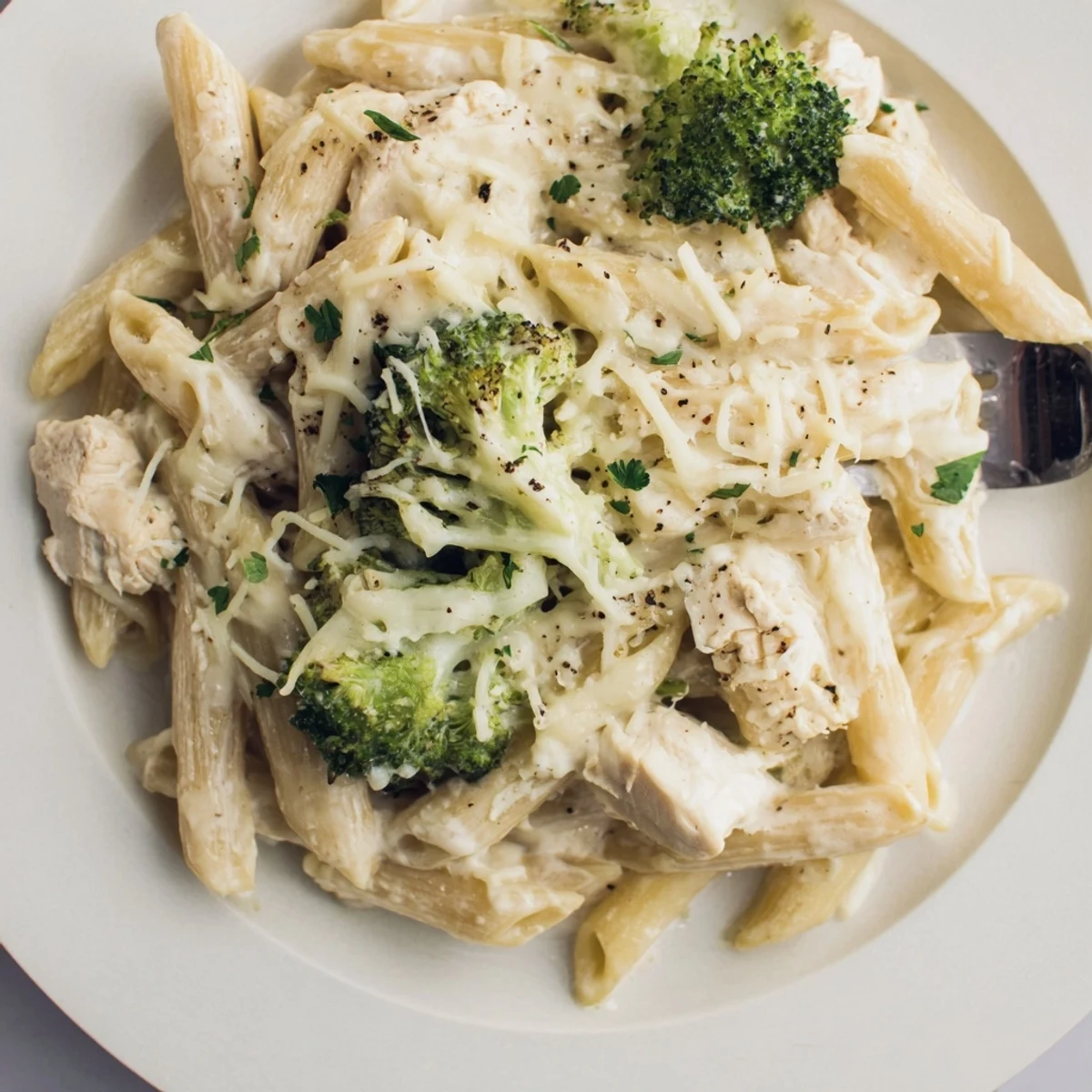 Chicken Broccoli Alfredo Bake bubbling golden, creamy pasta, tender chicken, bright broccoli.