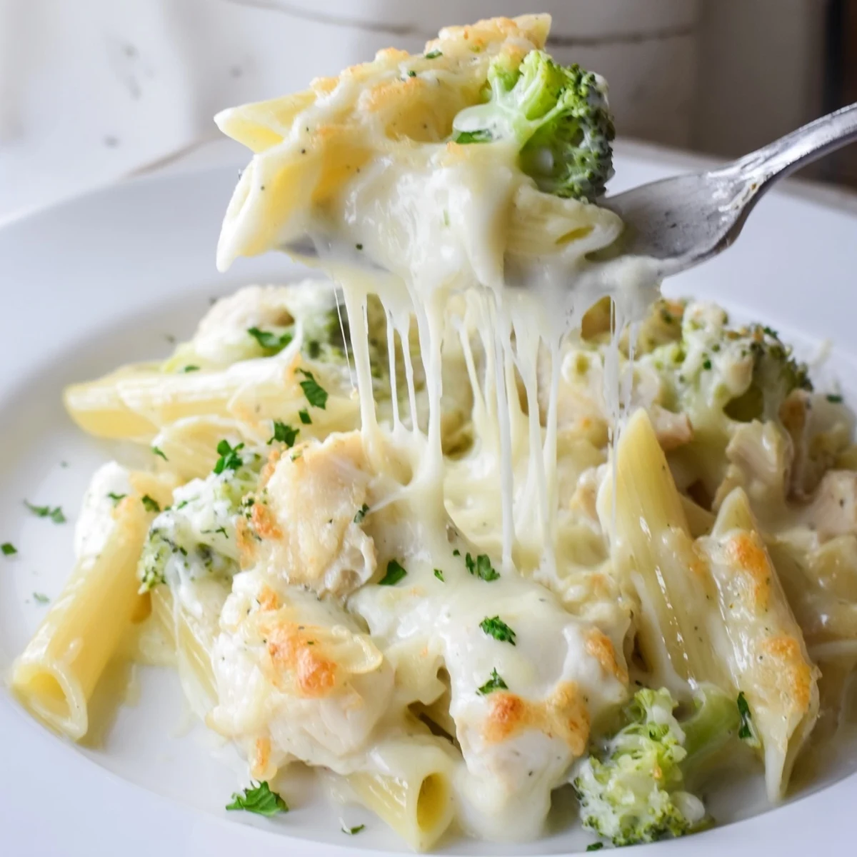Creamy Chicken Broccoli Alfredo Bake glistening sauce, melted mozzarella, family-style weeknight dinner.