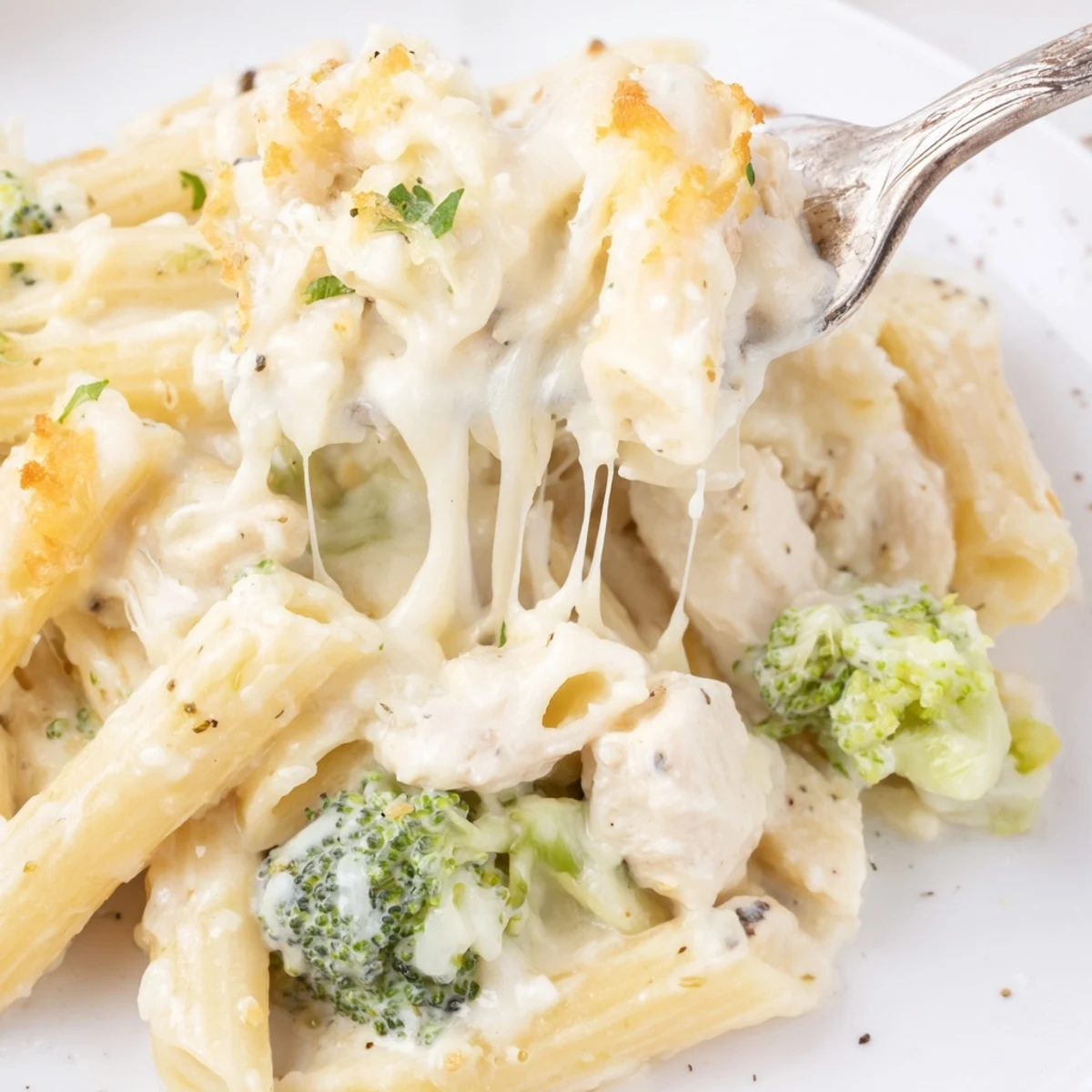 Oven-browned Chicken Broccoli Alfredo Bake served with garlic bread and parsley.