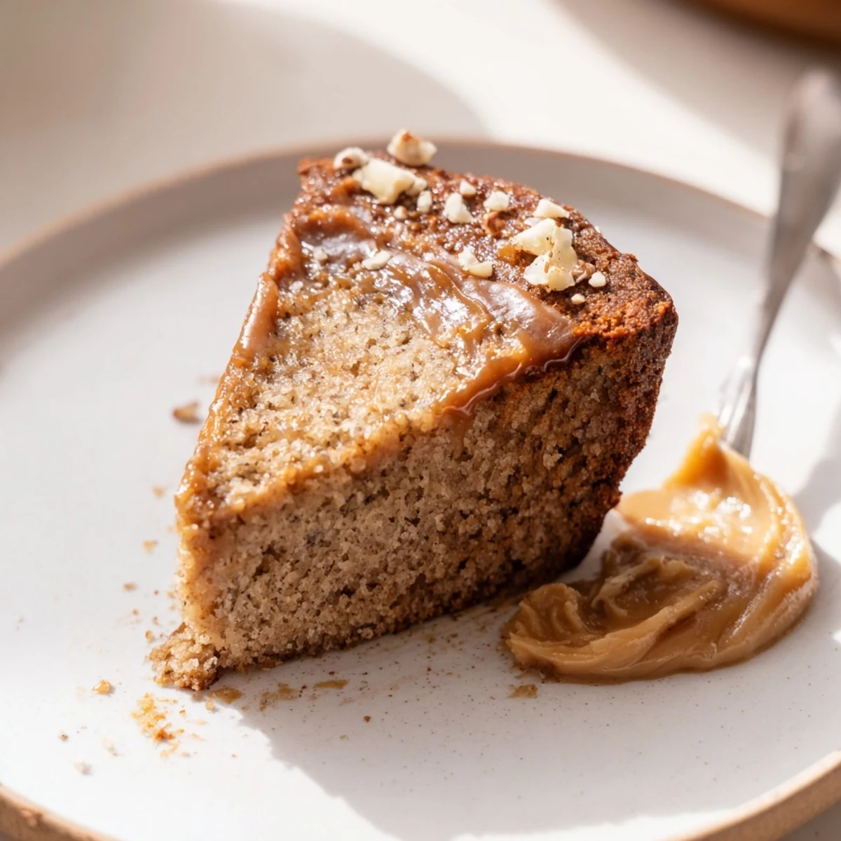 Salted Caramel Brown Butter Banana Cake with glossy caramel drizzle and flaky sea salt