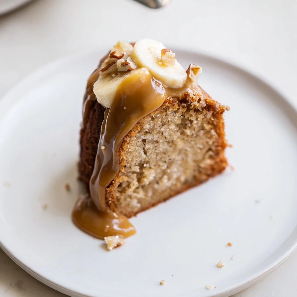 Slice of Salted Caramel Brown Butter Banana Cake beside coffee, nutty brown butter aroma