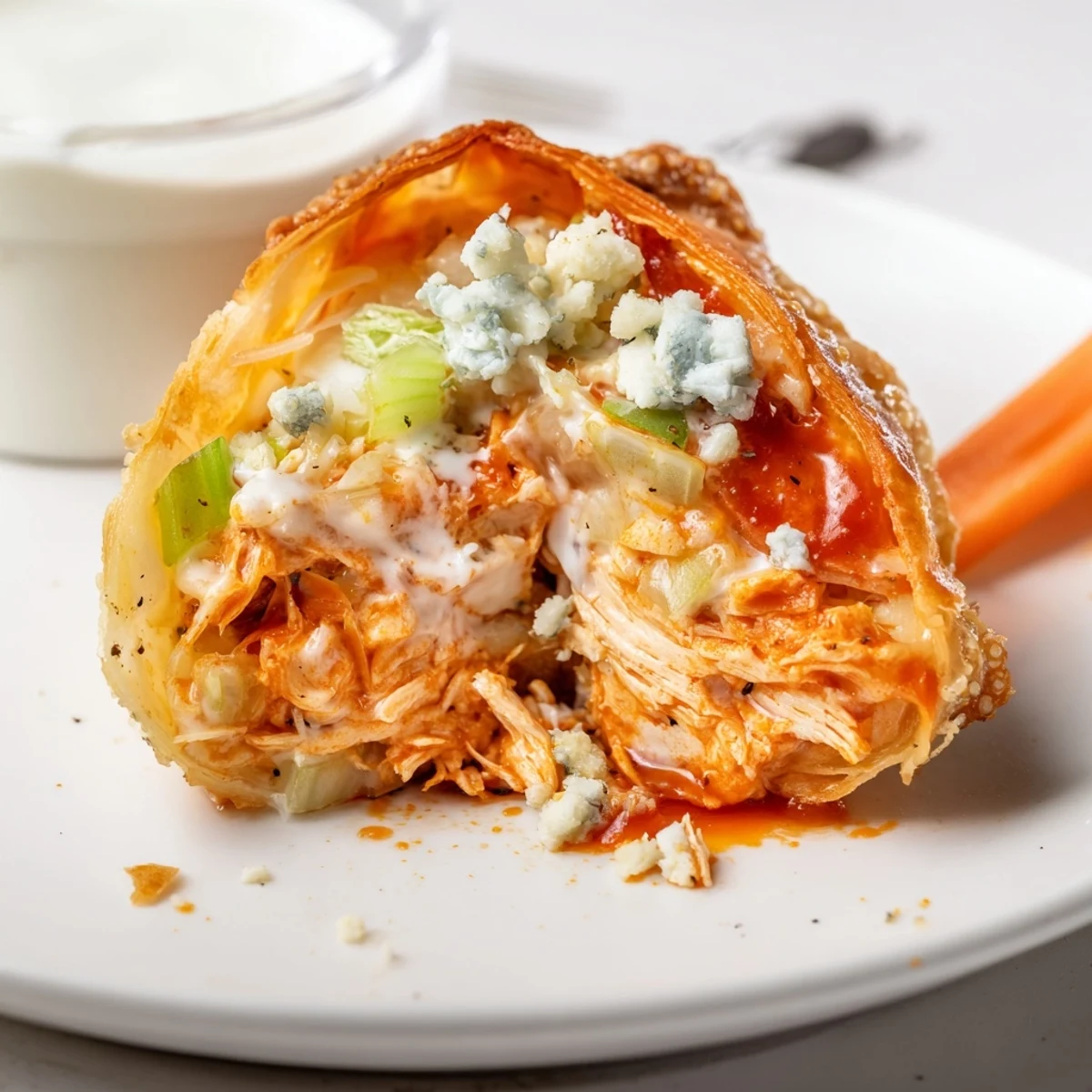 Golden-brown Buffalo Chicken Egg Rolls beside blue cheese dip and celery sticks