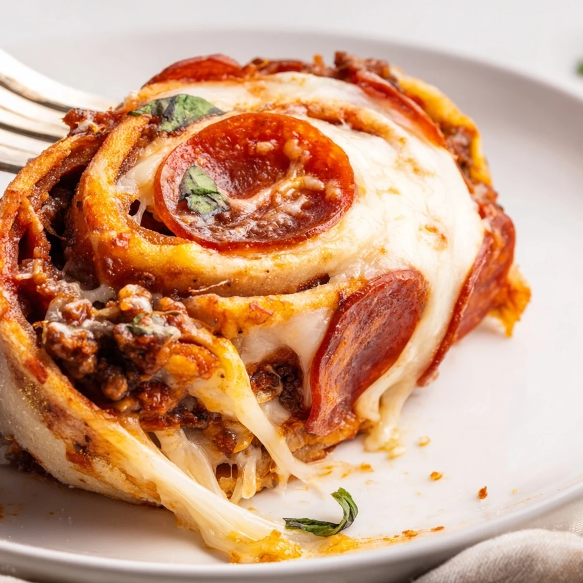 Close-up of Cheesy Beef Pepperoni Pizza Roll Ups Snack Recipe with basil garnish.