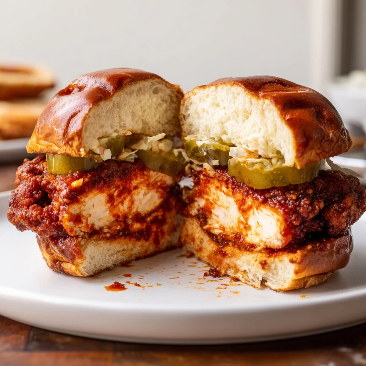 Spicy Nashville Hot Chicken Sandwiches piled on toasted brioche, crunchy pickles, creamy slaw