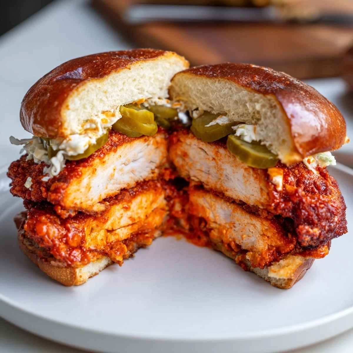 Close up of Spicy Nashville Hot Chicken Sandwiches dripping fiery sauce, golden crisp coating