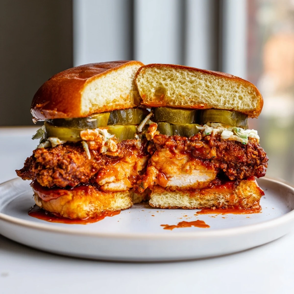 Family-style Spicy Nashville Hot Chicken Sandwiches served hot with iced tea and fries