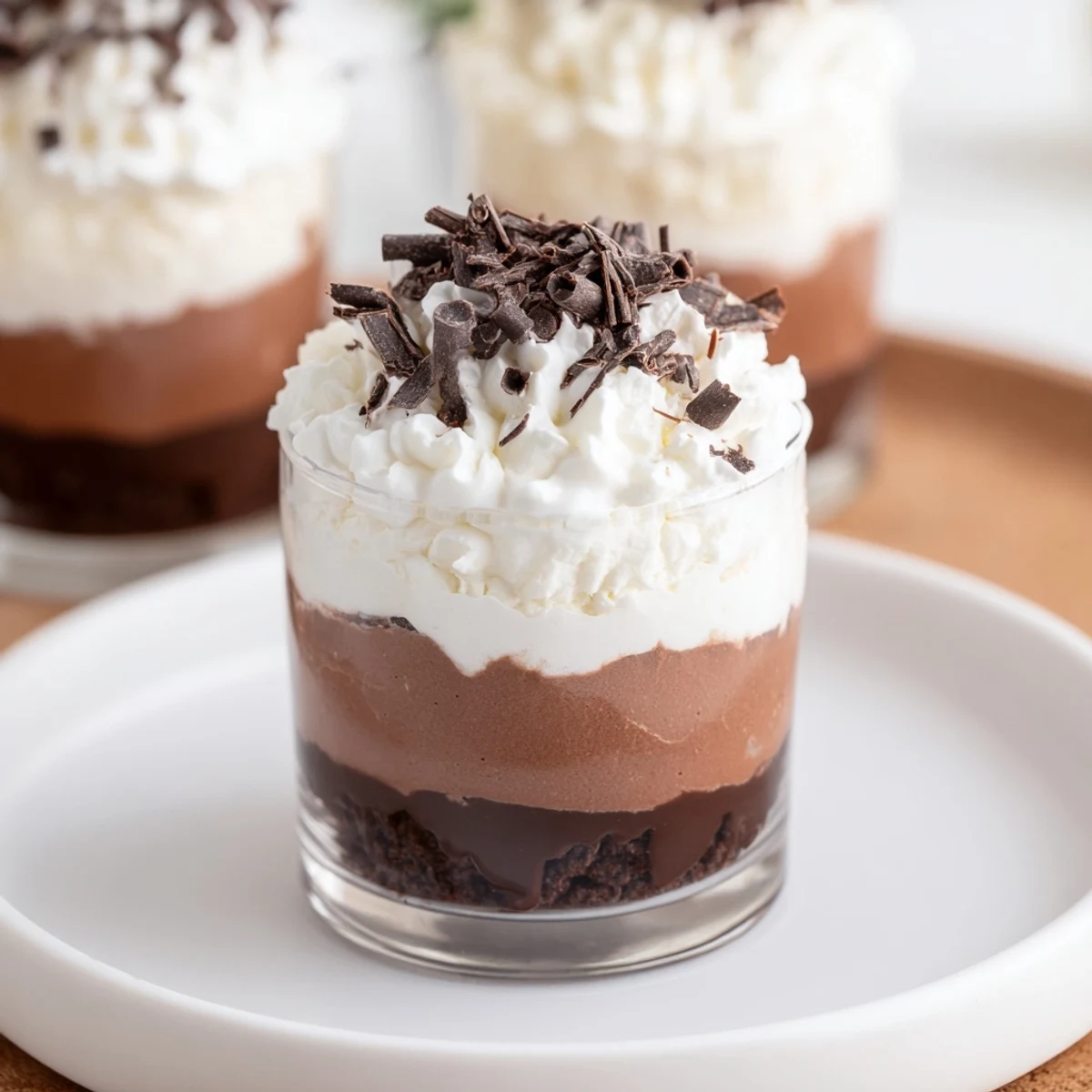 Triple Chocolate Mousse Cups layered in glass, glossy swirls, dusted cocoa