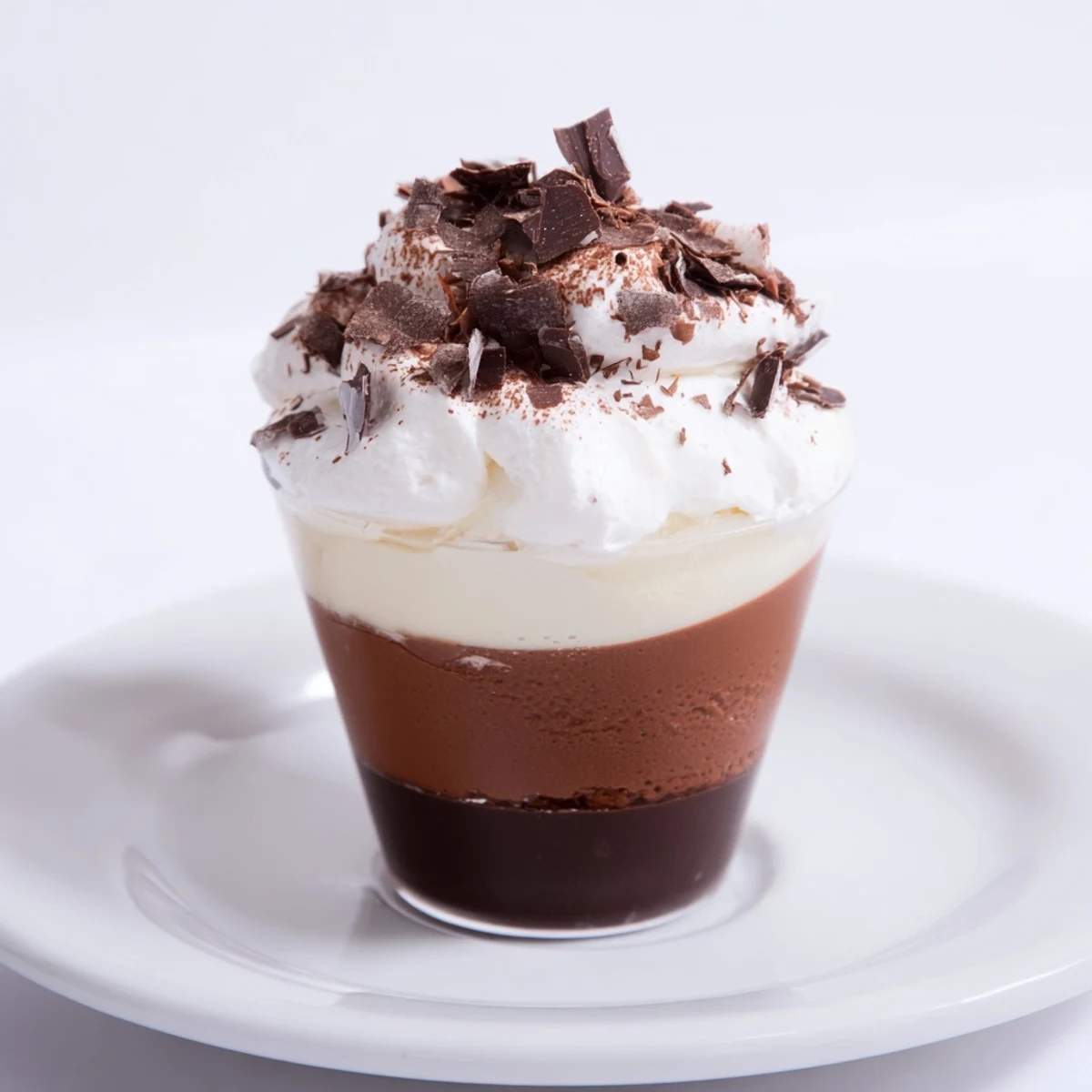 Mini Triple Chocolate Mousse Cups piped elegantly, rich dark, milk, and white chocolates