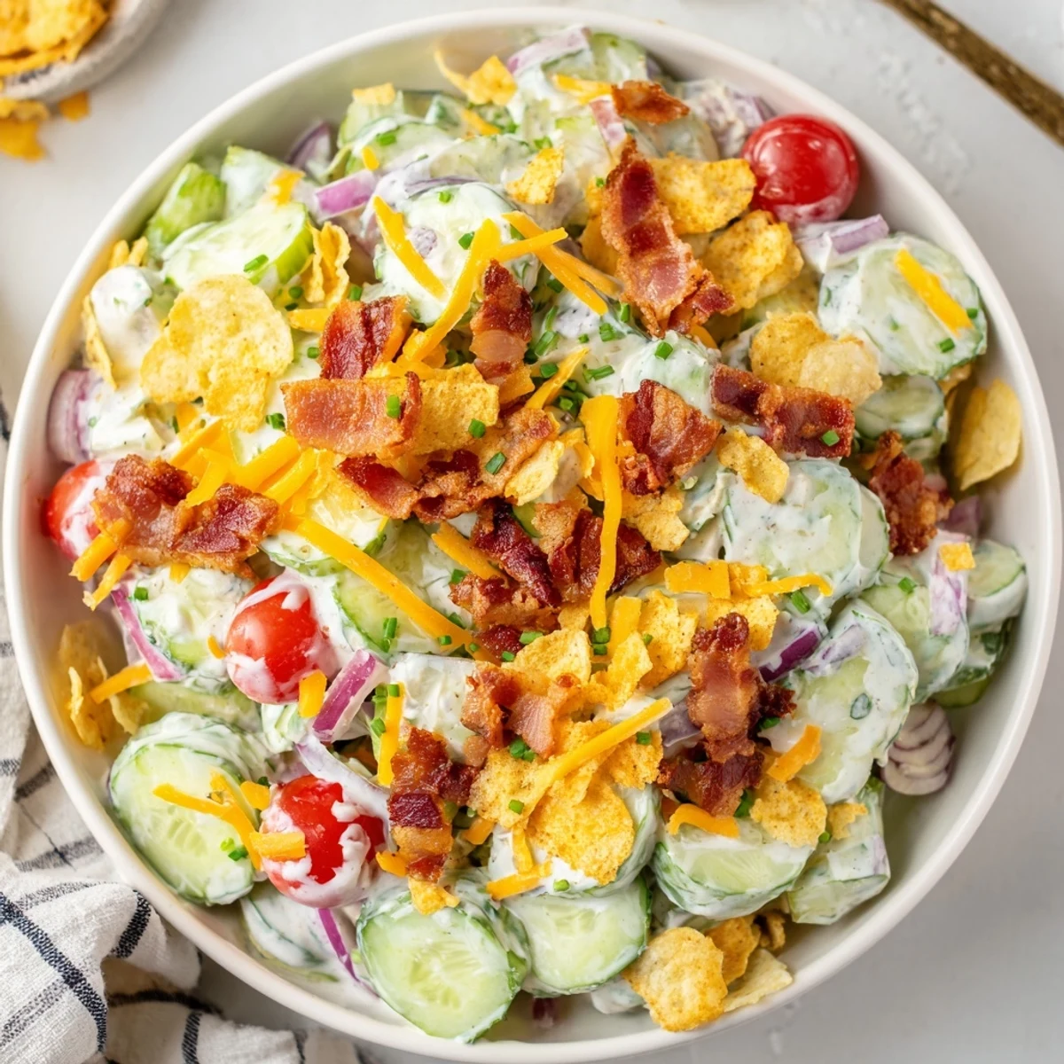 Cucumber Ranch Crack Salad piled in bowl, crisp cucumbers, smoky bacon topping