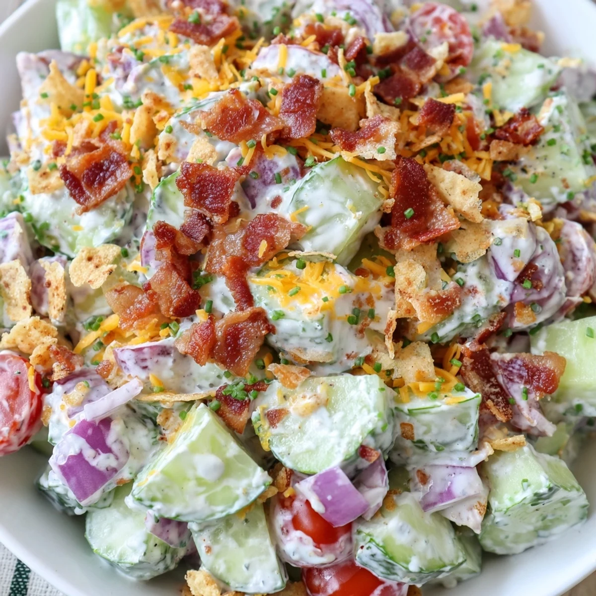Cucumber Ranch Crack Salad tossed with creamy dressing, chives, crunchy bacon
