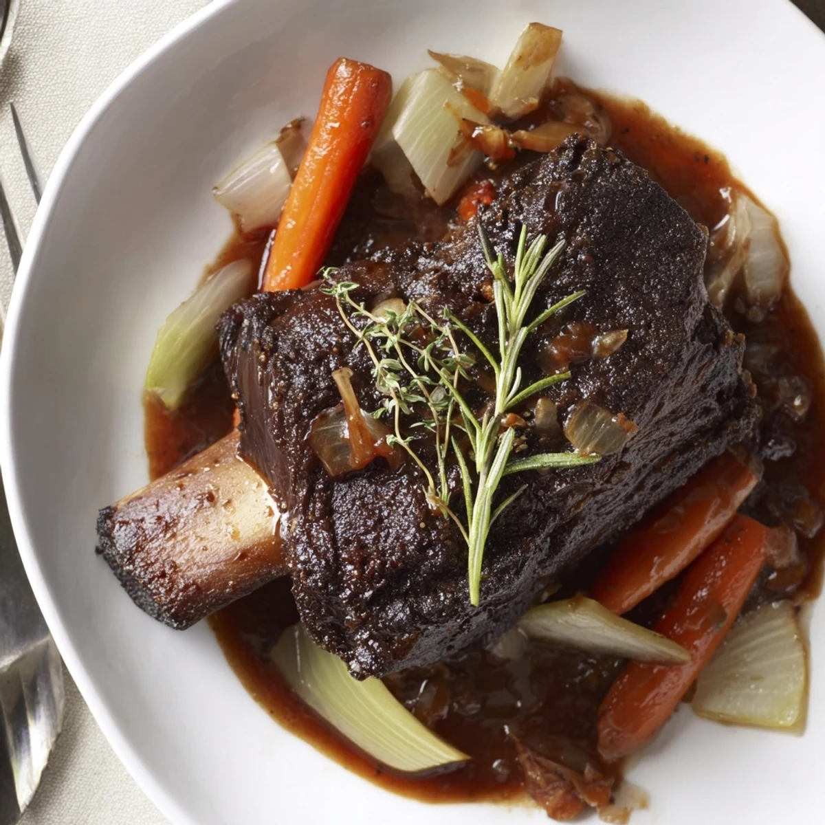 Braised Slow Cooker Beef Short Ribs with red wine aroma, herbs visible