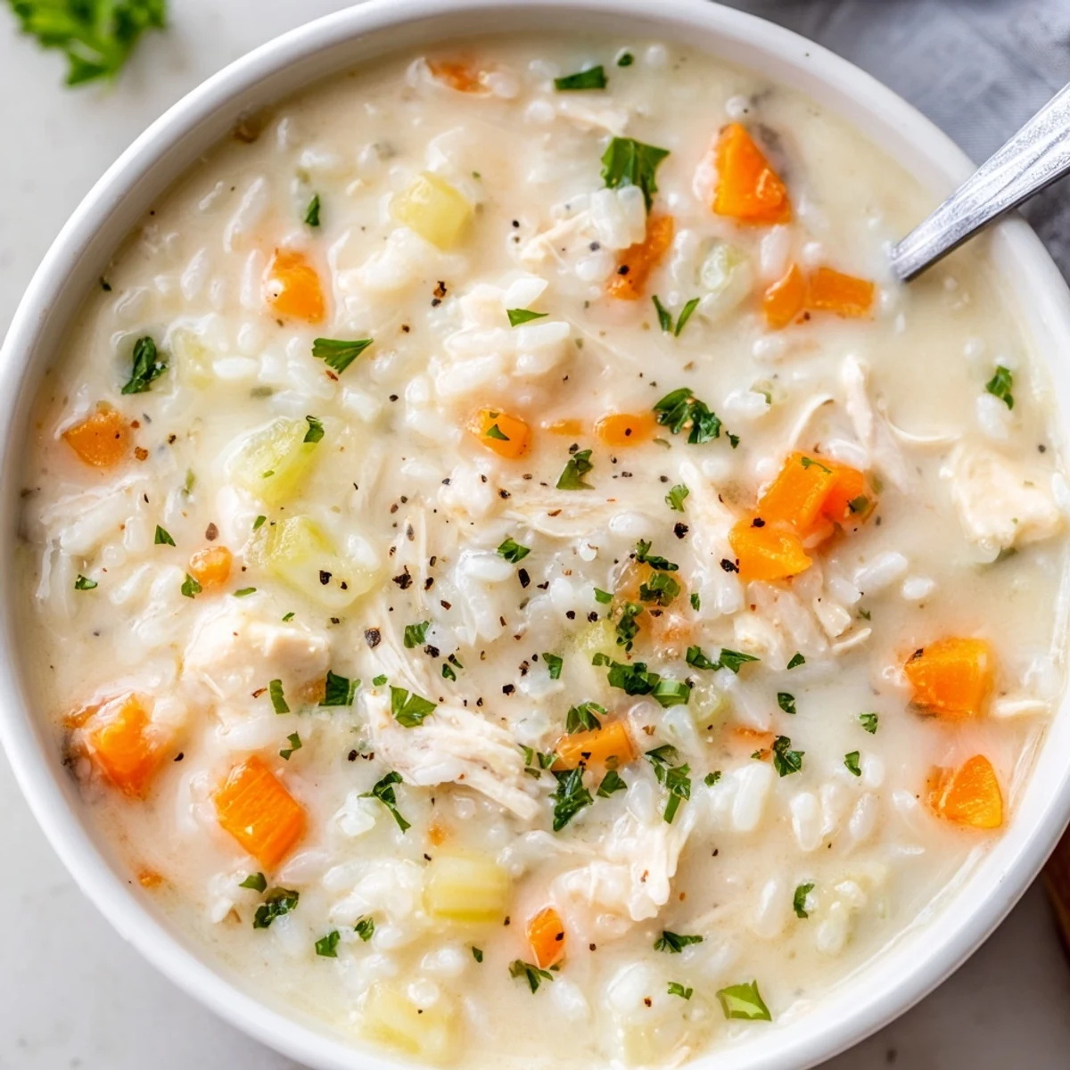 Creamy Chicken Rice Soup steaming in bowl, tender chicken and velvety broth