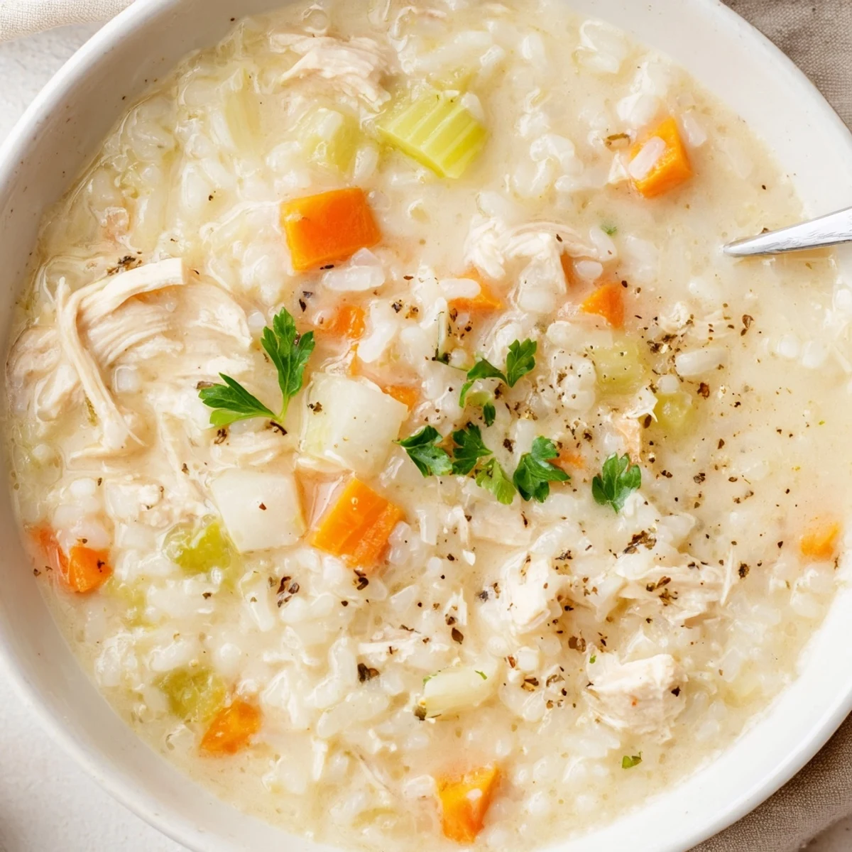 Bowl of Creamy Chicken Rice Soup garnished with parsley, served with bread