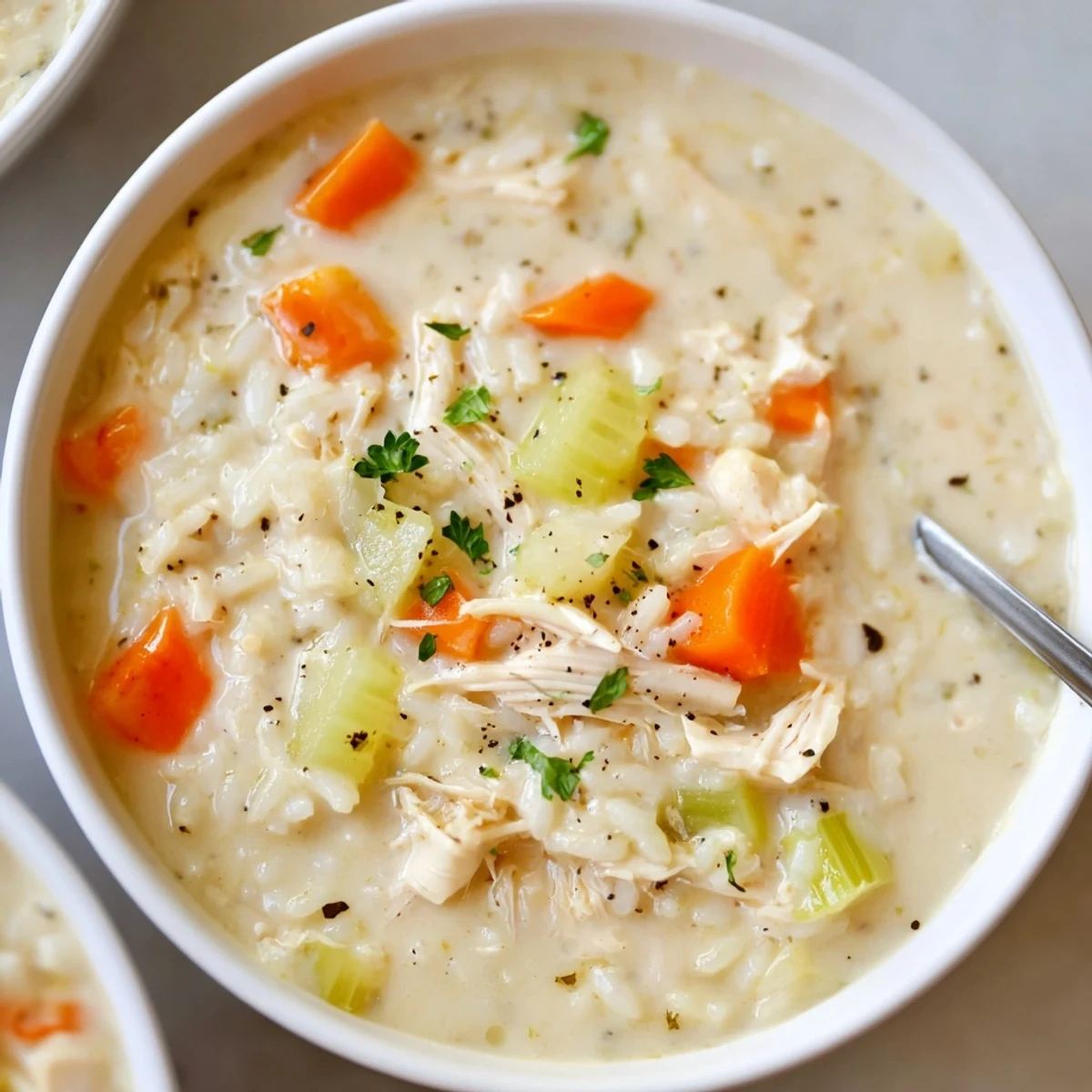 Late-night cozy spoonful of Creamy Chicken Rice Soup, warm rice and carrots