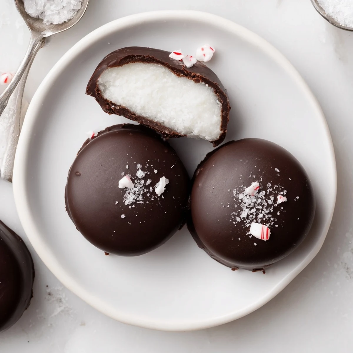 Peppermint Patties on parchment, glossy dark chocolate coating and bright mint filling