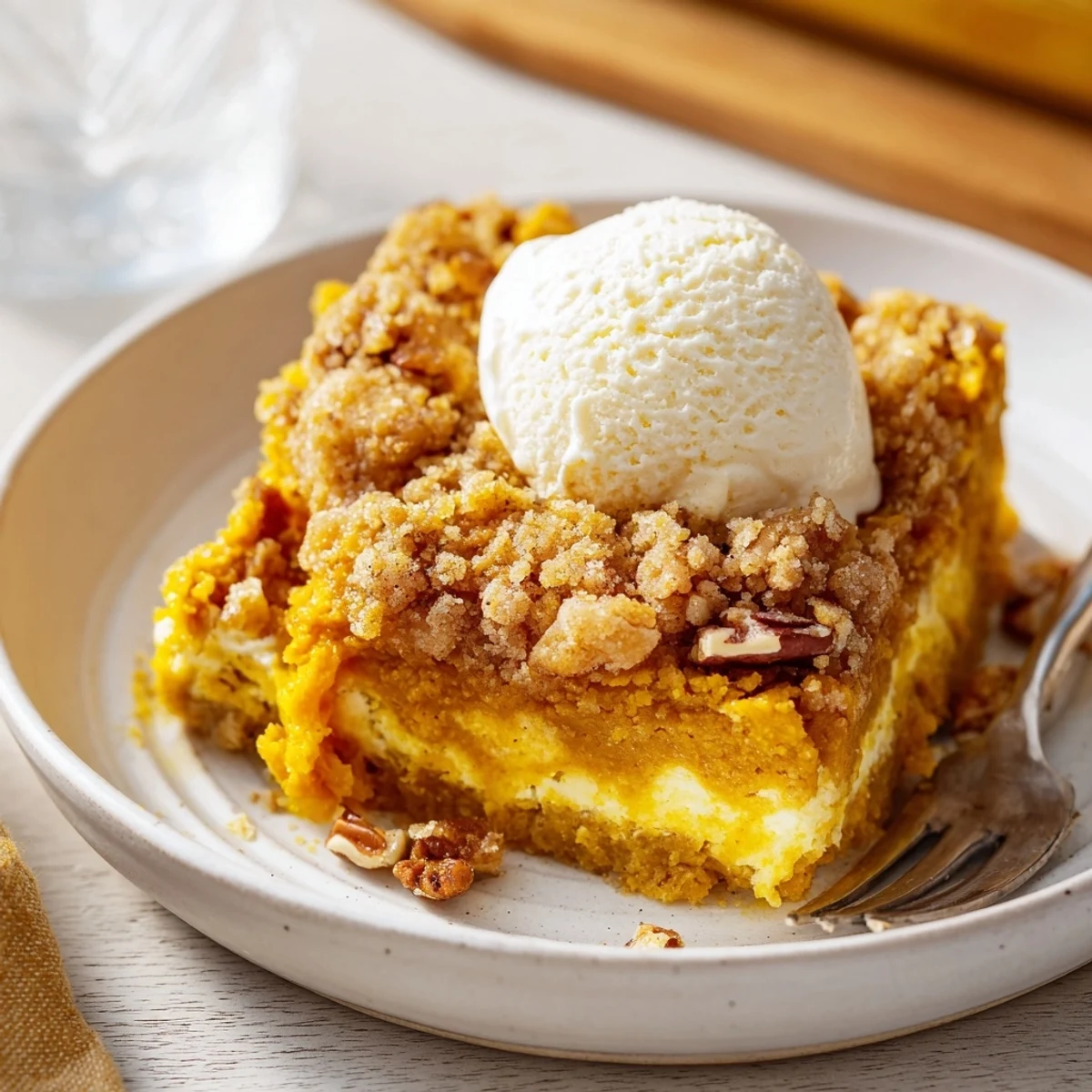 Pumpkin Dump Cake with golden pecan topping, warm and fluffy slices