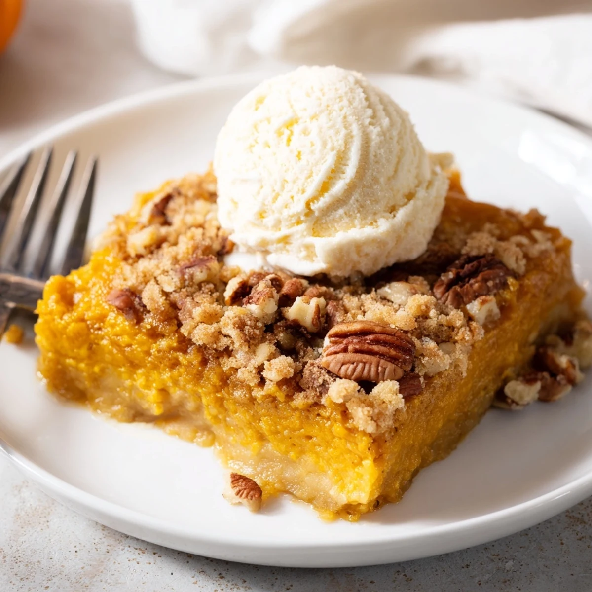 Sliced Pumpkin Dump Cake steaming slightly, topped with melting vanilla ice cream