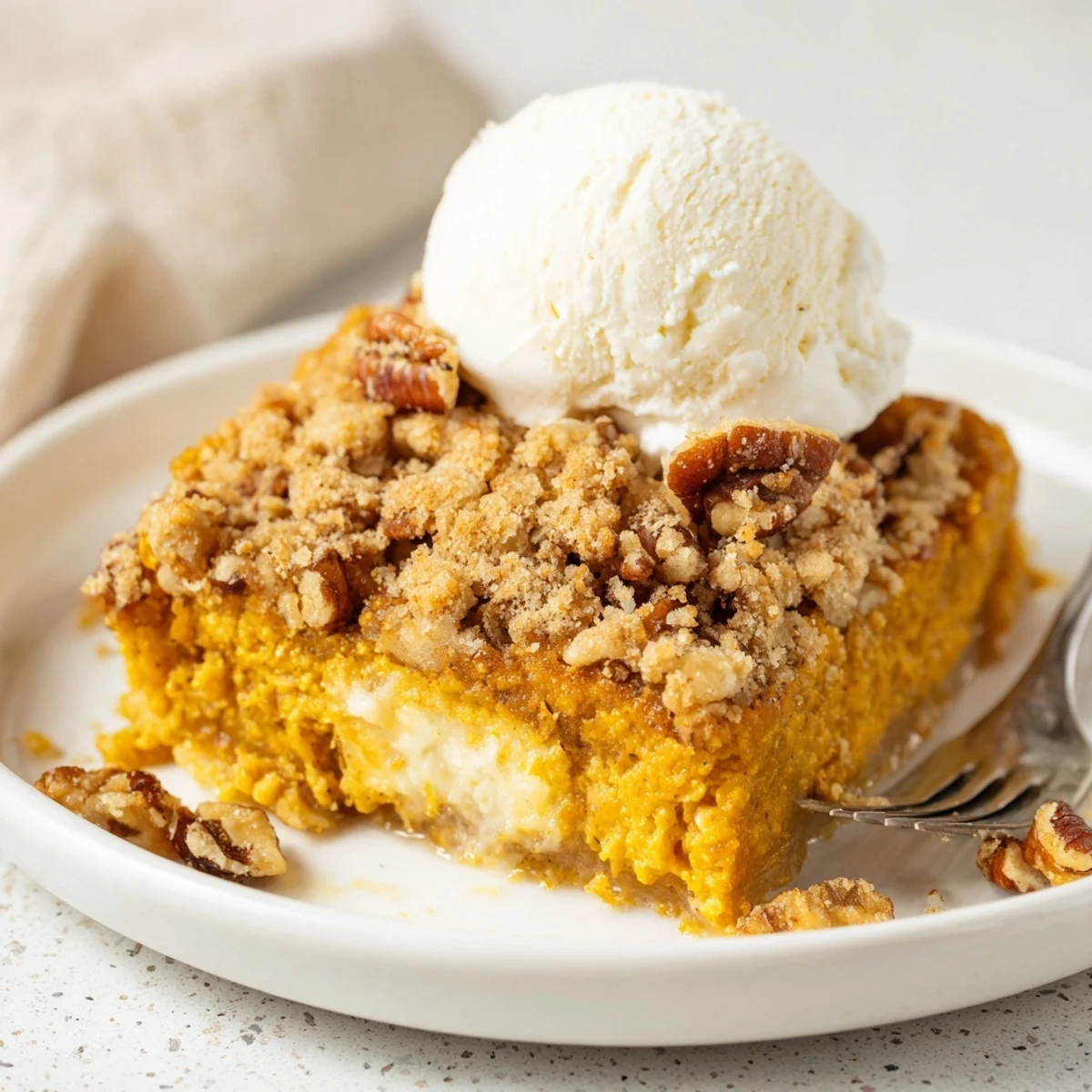 Rustic Pumpkin Dump Cake fresh from oven in 9x13 pan, buttery aroma