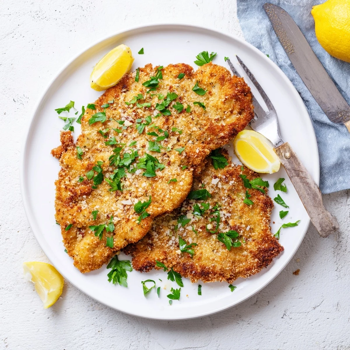 Golden crispy beef escalope Milanese served with fresh lemon wedges and parsley on white plate