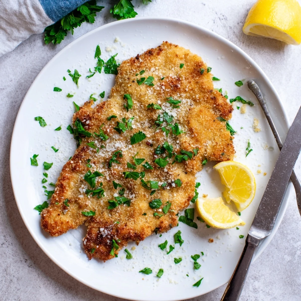 Italian-style beef Milanese with golden breadcrumb crust garnished with lemon and chopped herbs