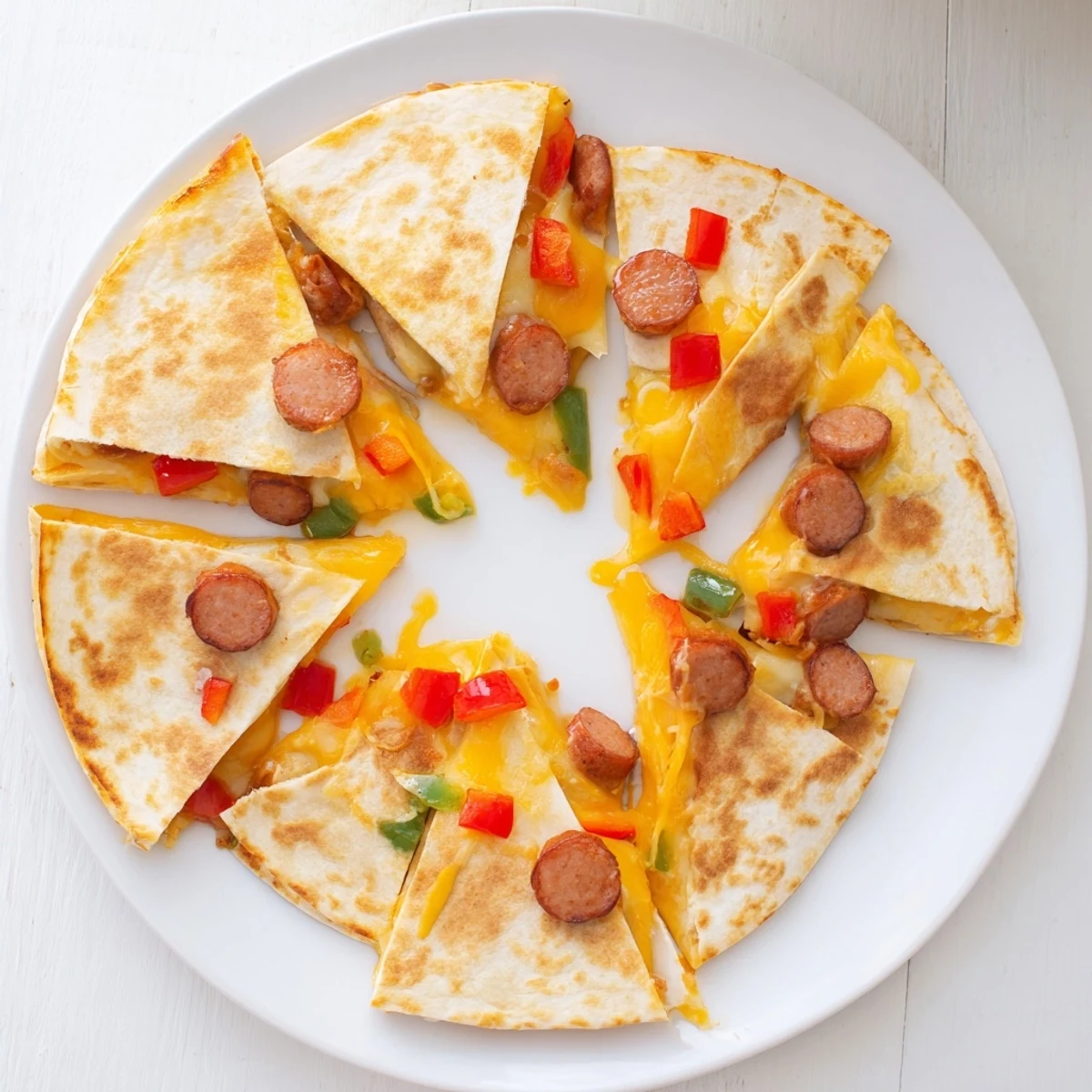 Golden brown Cajun beef sausage quesadillas with melted Monterey Jack cheese and colorful bell peppers