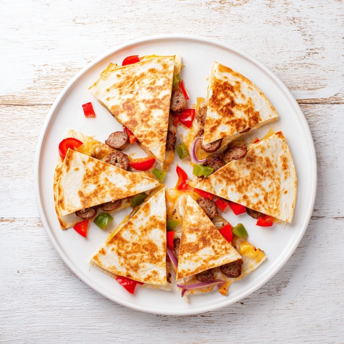 Sliced Cajun beef sausage quesadillas featuring spicy beef, vegetables, and oozing cheese on a wooden board