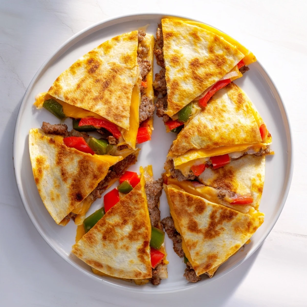 Crispy pan-fried Cajun beef sausage quesadillas stuffed with seasoned beef, peppers, and cheddar cheese