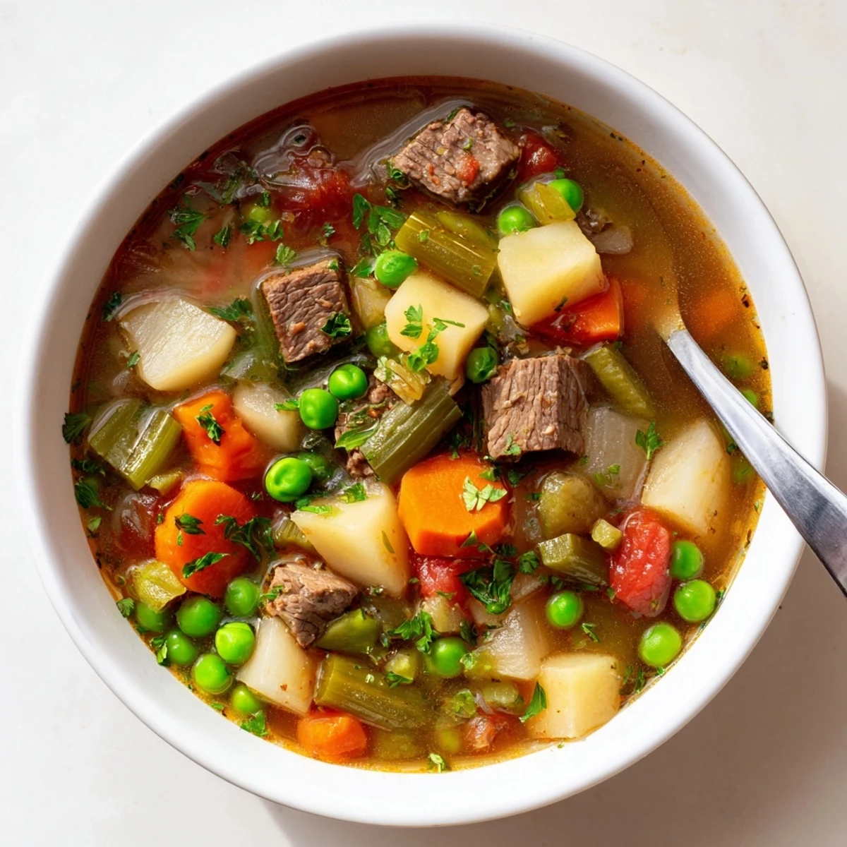 Steaming bowl of hearty Braised Vegetable Beef Soup loaded with tender beef chunks, carrots, potatoes, and fresh green parsley garnish.