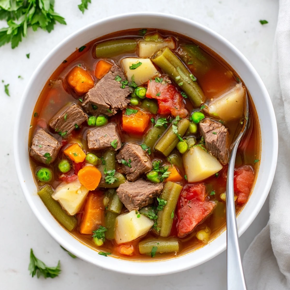 Rustic Braised Vegetable Beef Soup featuring succulent braised beef swimming with celery, green beans, and peas in rich tomato broth.