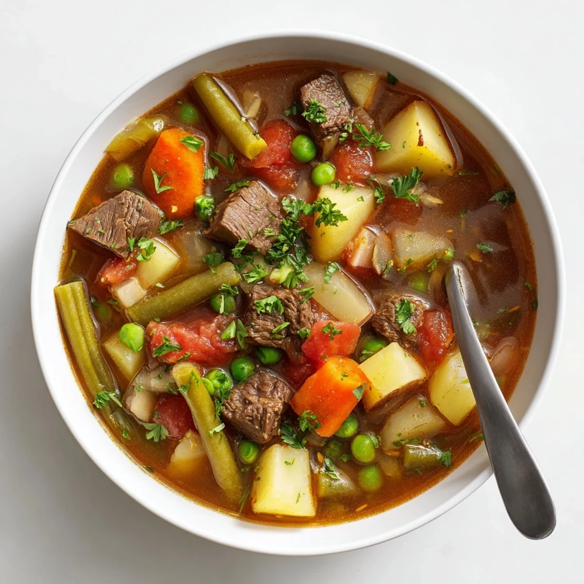 Golden Braised Vegetable Beef Soup served in white bowl, showcasing chunky vegetables and melt-in-your-mouth beef in savory liquid.