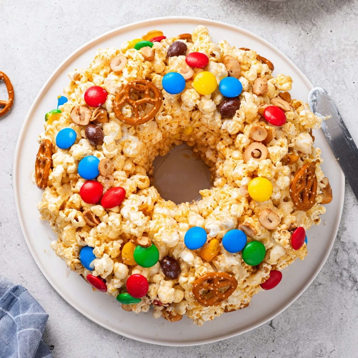 Colorful popcorn cake sliced on a white plate revealing gooey marshmallow and candy pieces