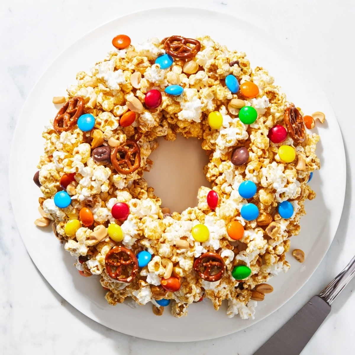 Sweet marshmallow popcorn cake drizzled with chocolate and sprinkles for celebrations