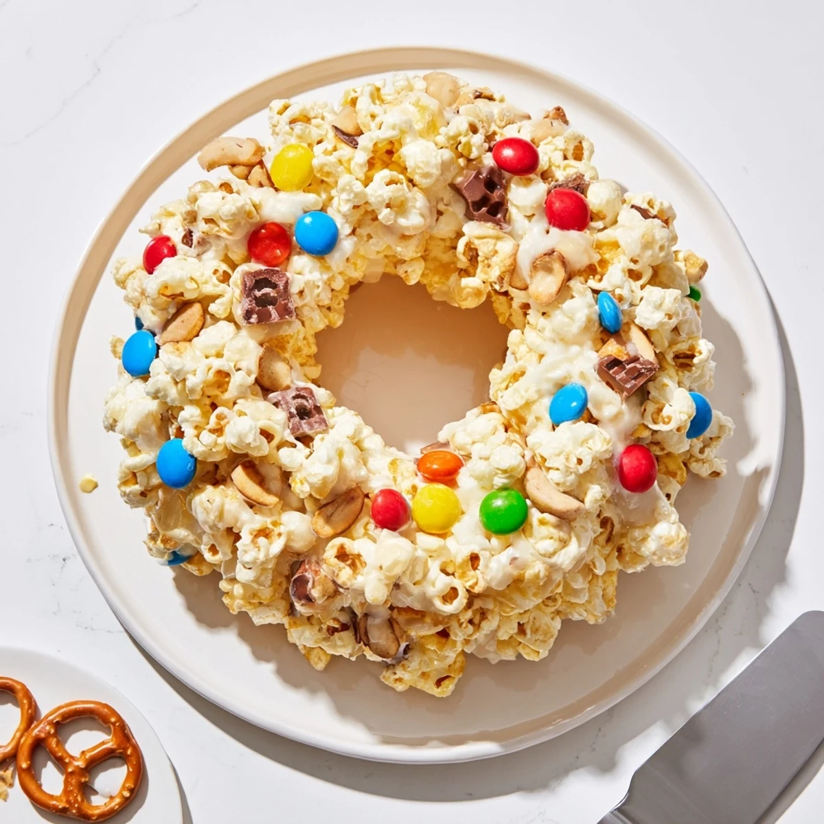 Playful popcorn cake bundt shape topped with M&Ms and pretzels for party desserts