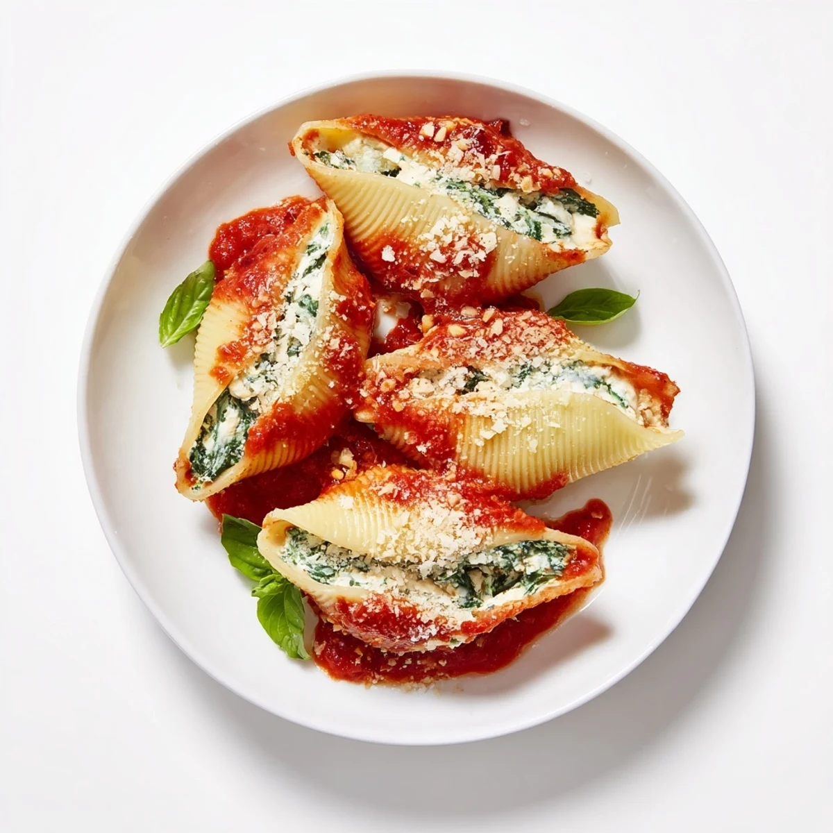 Golden jumbo pasta shells filled with creamy ricotta, spinach, and tart cranberries nestled in rich tomato sauce