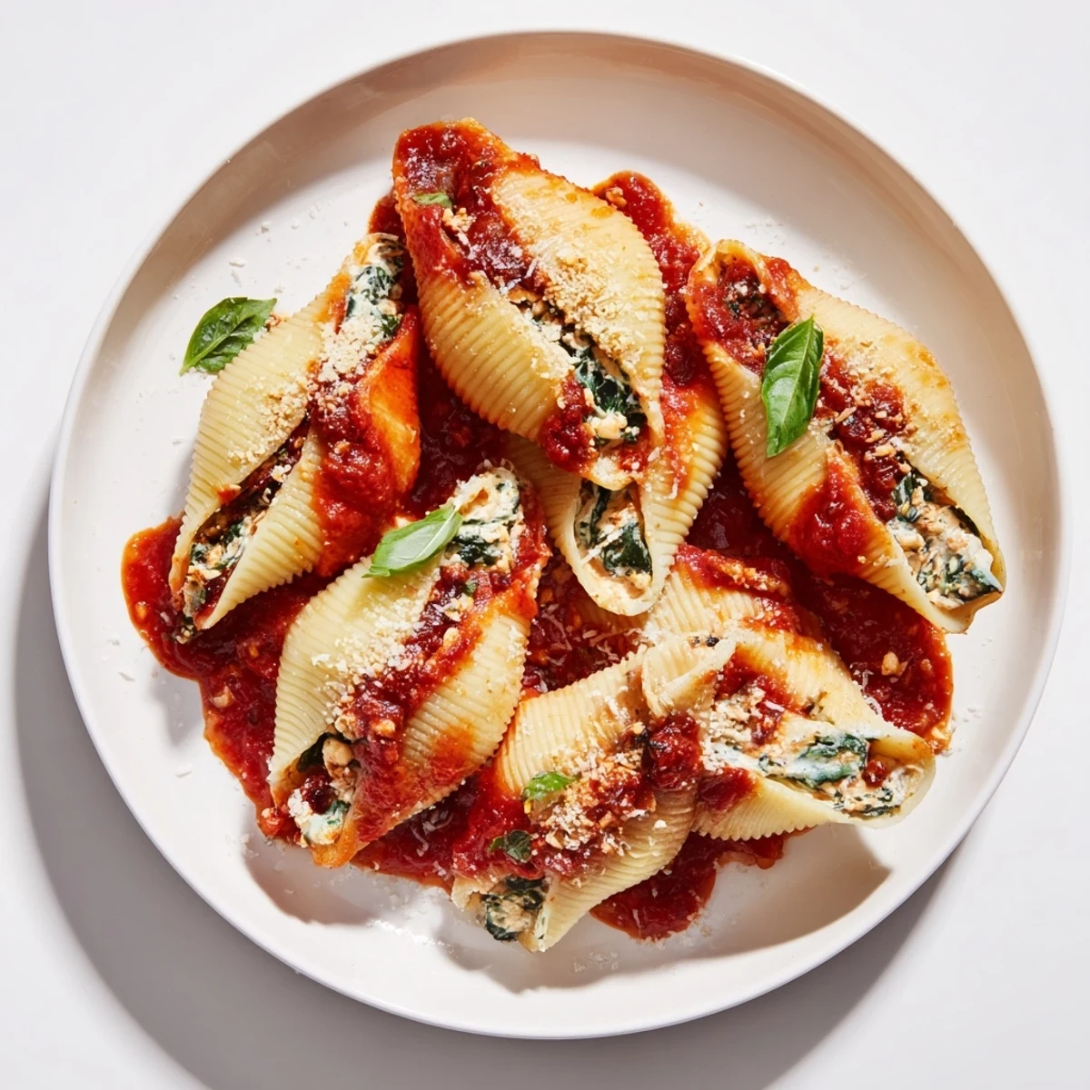 Plated Christmas stuffed pasta showcasing red cranberry flecks against white ricotta filling beneath savory marinara sauce
