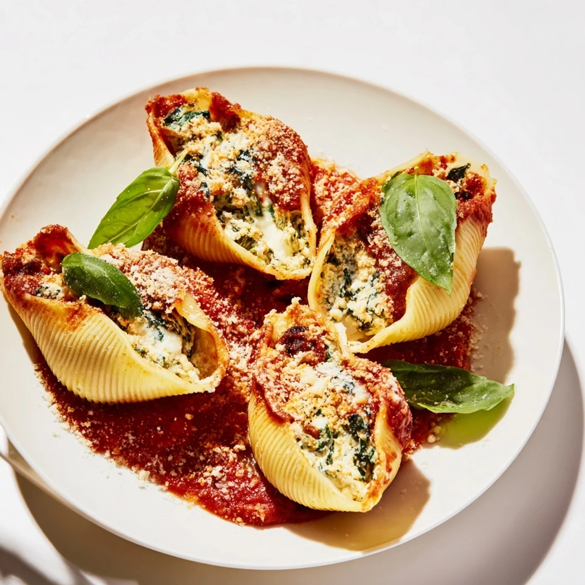 Festive Christmas stuffed pasta shells bubbling with melted mozzarella and garnished with fresh green basil leaves