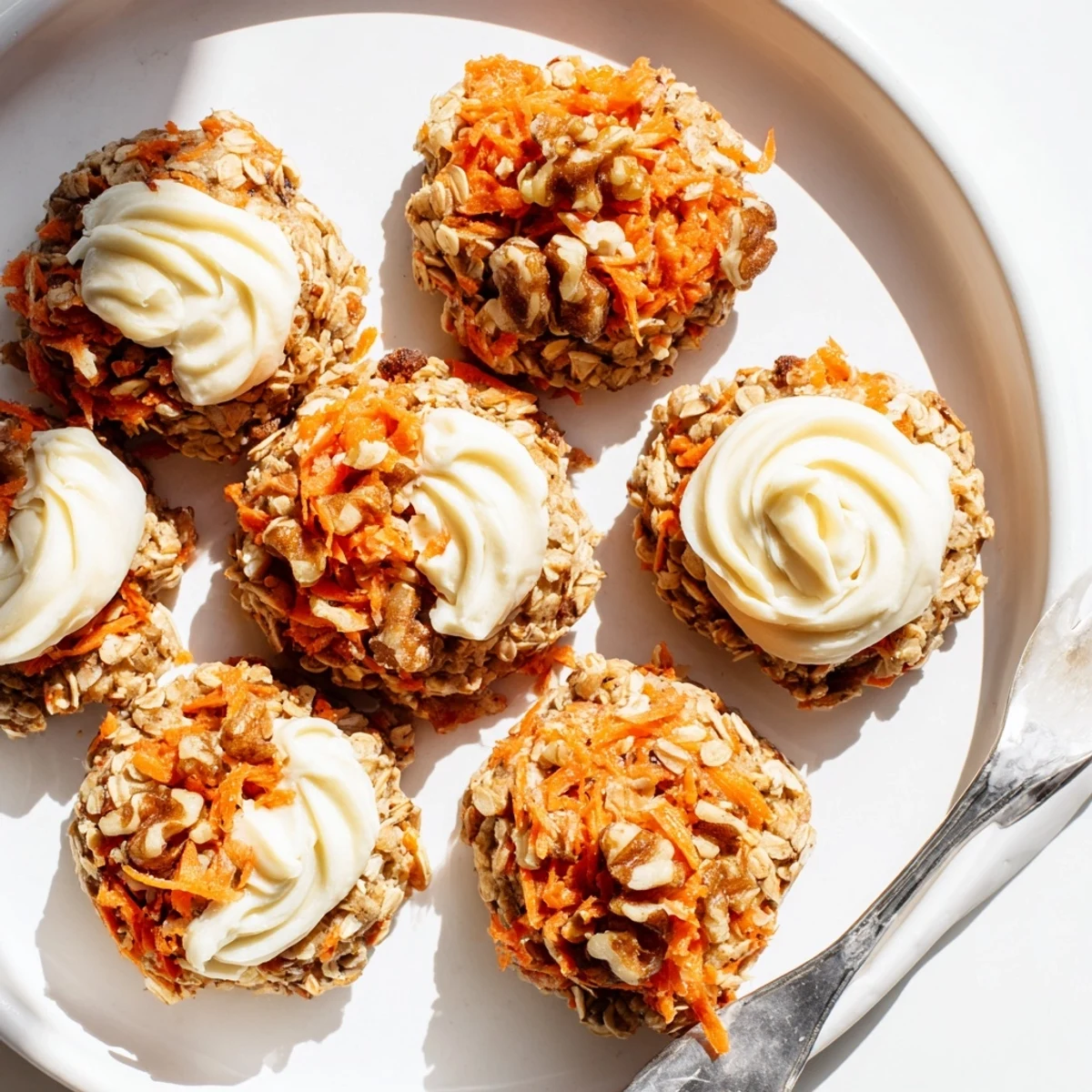 Soft baked carrot cake cookies with visible grated carrot shreds and golden brown edges