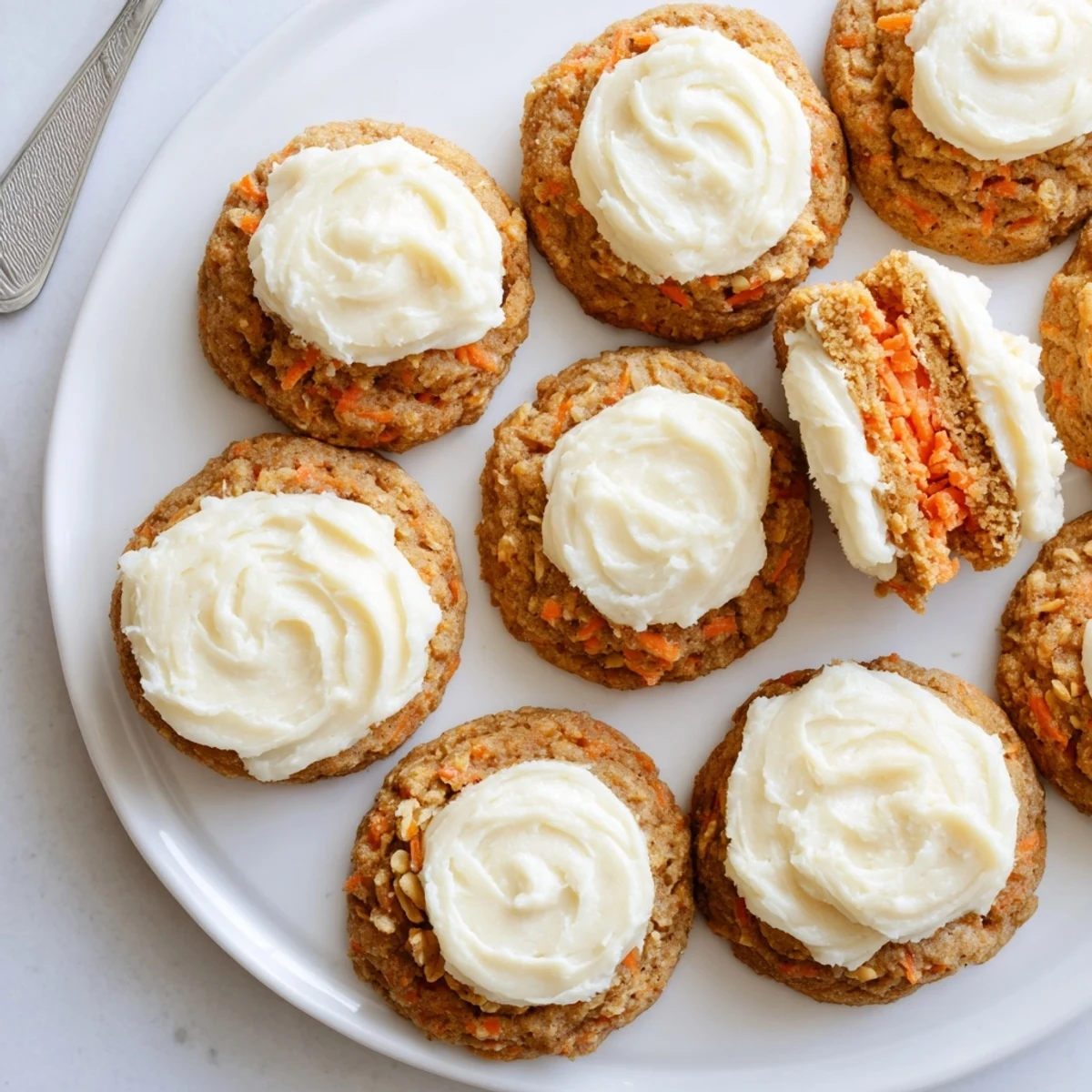 Batch of chewy oat and walnut studded carrot cake cookies cooling on a wire rack