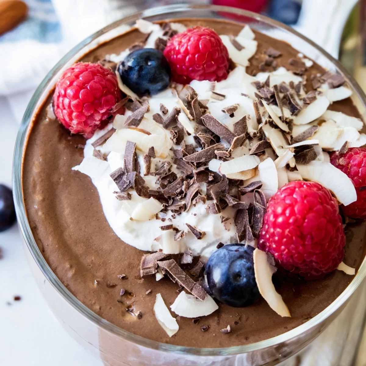 Rich chocolate flaxseed pudding garnished with whipped cream and chopped nuts for a healthy dessert presentation