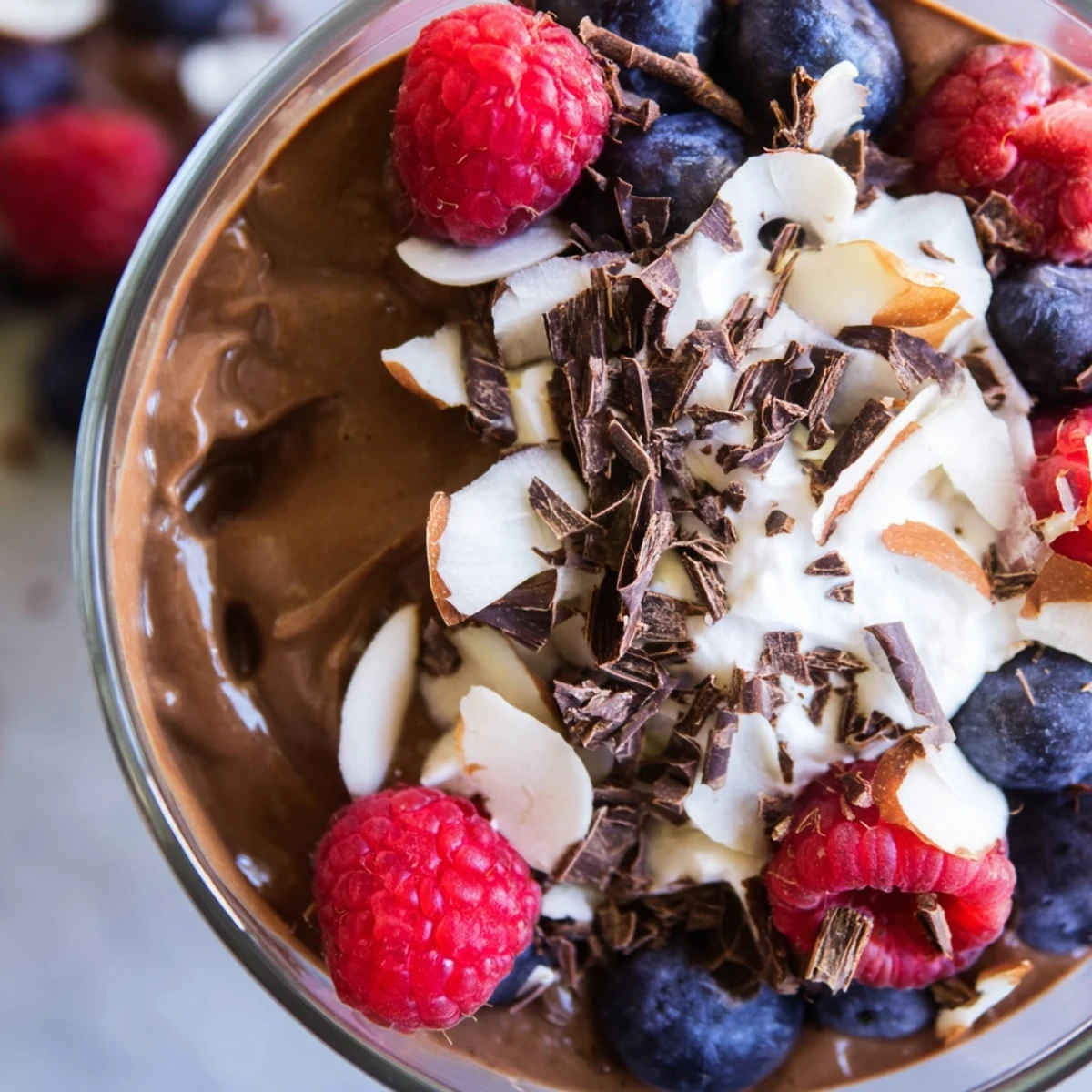 Creamy chocolate flaxseed pudding topped with fresh berries and shaved dark chocolate in a glass serving dish