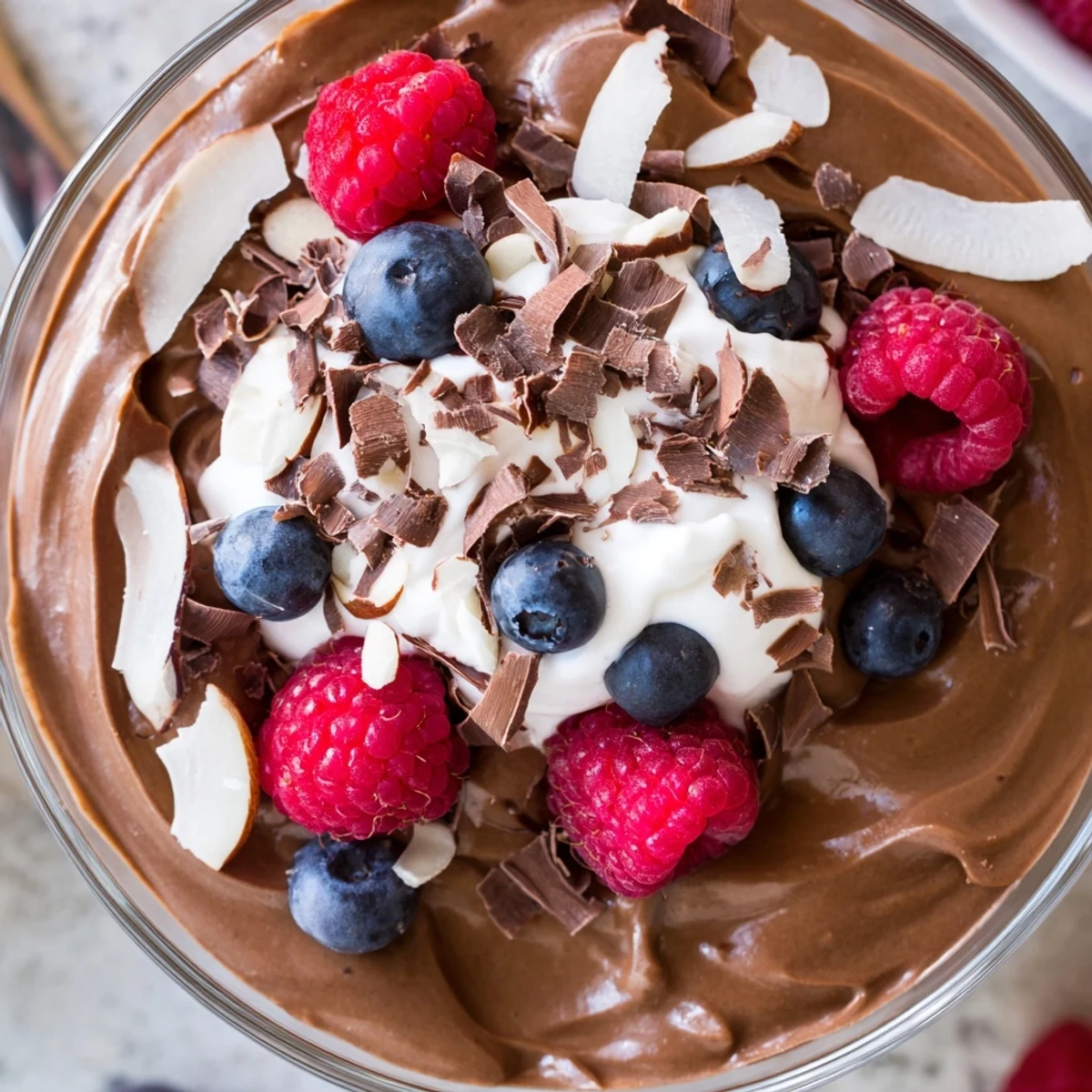 Spoonful of smooth chocolate flaxseed pudding drizzled with maple syrup and vanilla for a nutritious breakfast treat