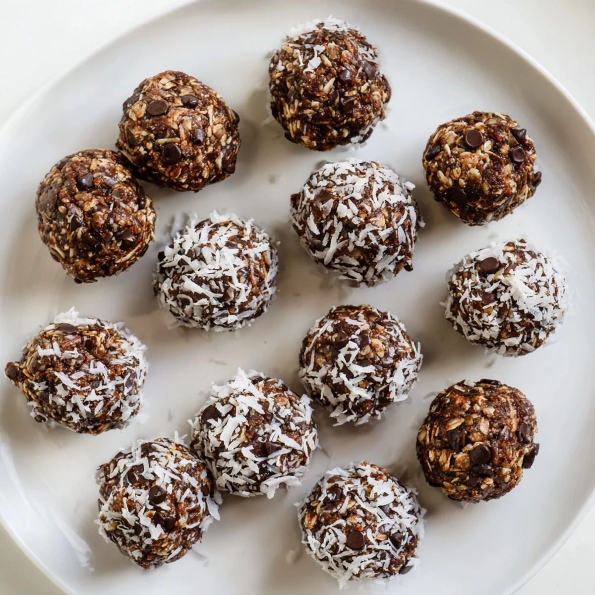 Fudgy no bake brownie bites rolled in coconut and chocolate chips on a white plate.
