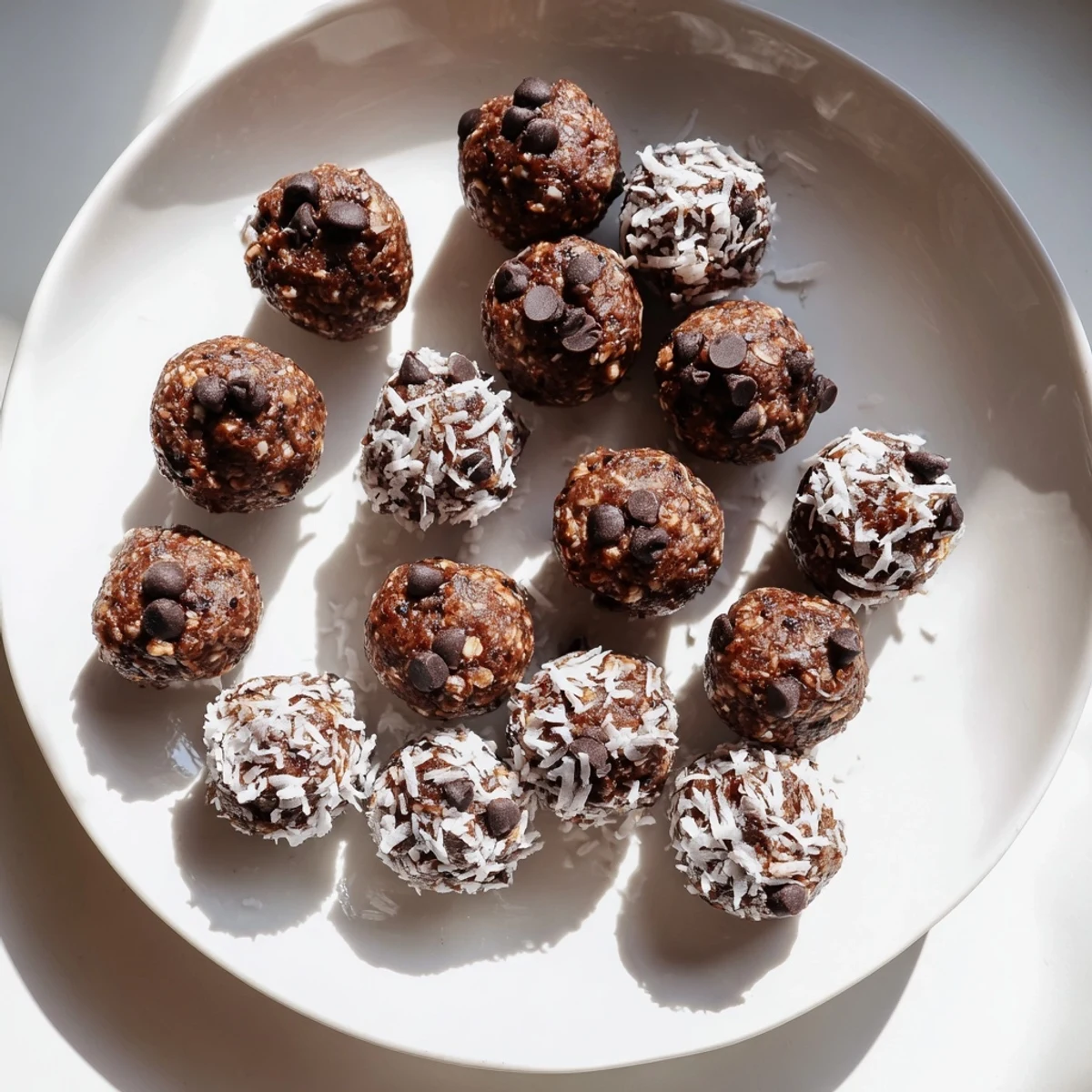 Homemade no bake brownie bites with walnut and cocoa base topped with shredded coconut.