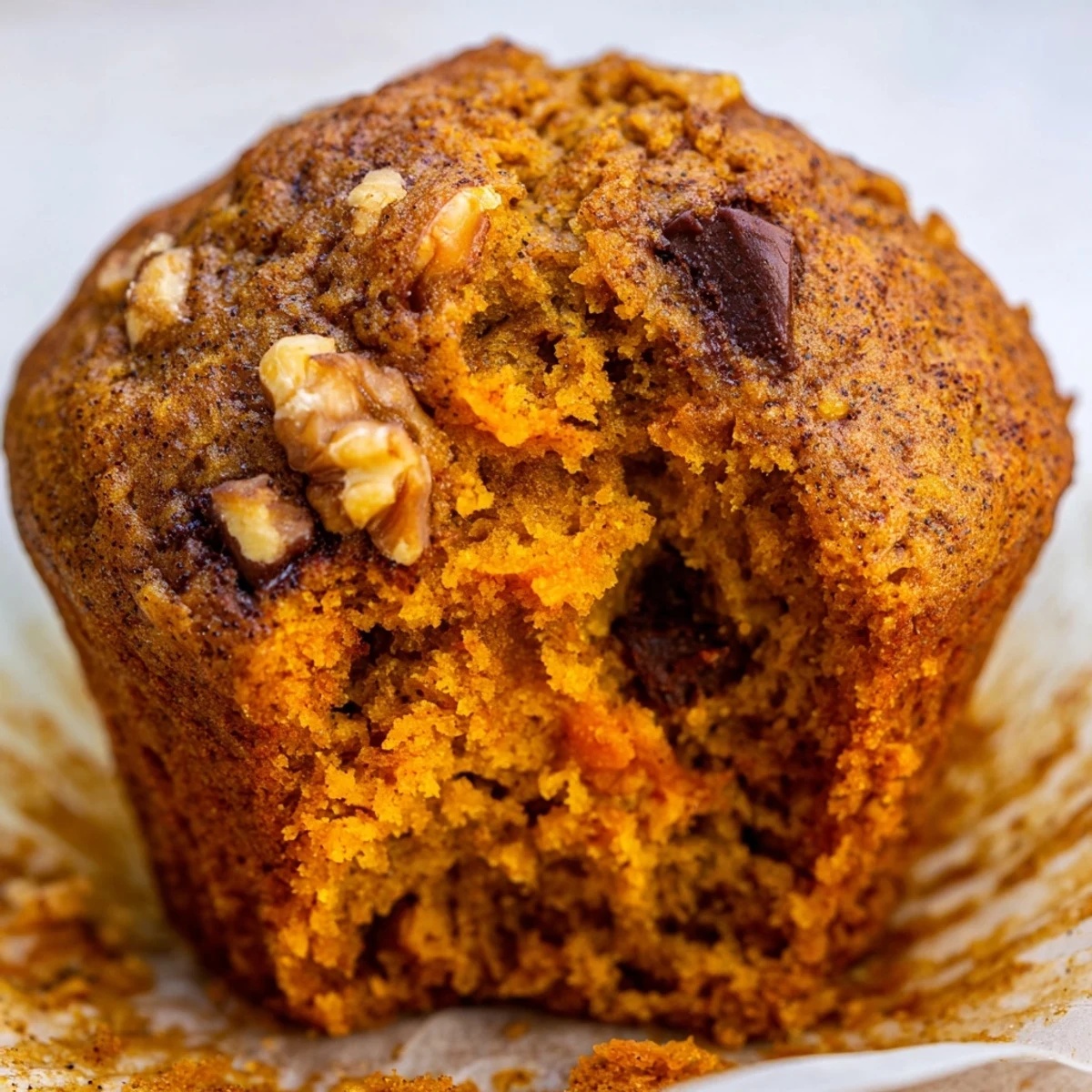 Golden pumpkin banana muffins topped with walnuts on a wire cooling rack