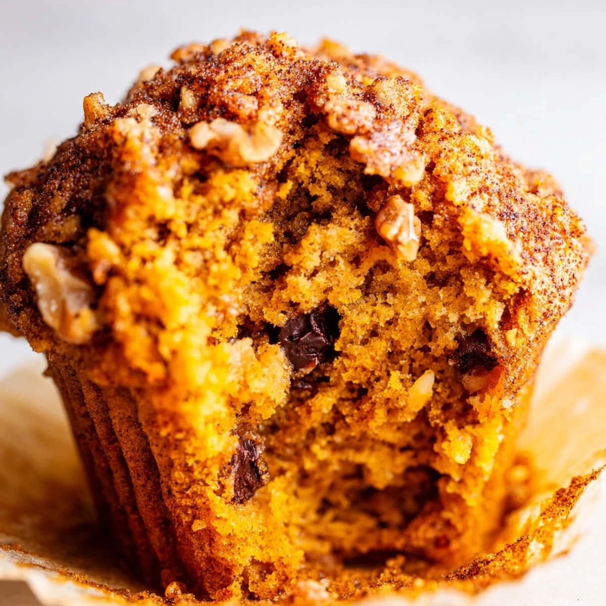 Moist pumpkin banana muffins dusted with cinnamon served on wooden board
